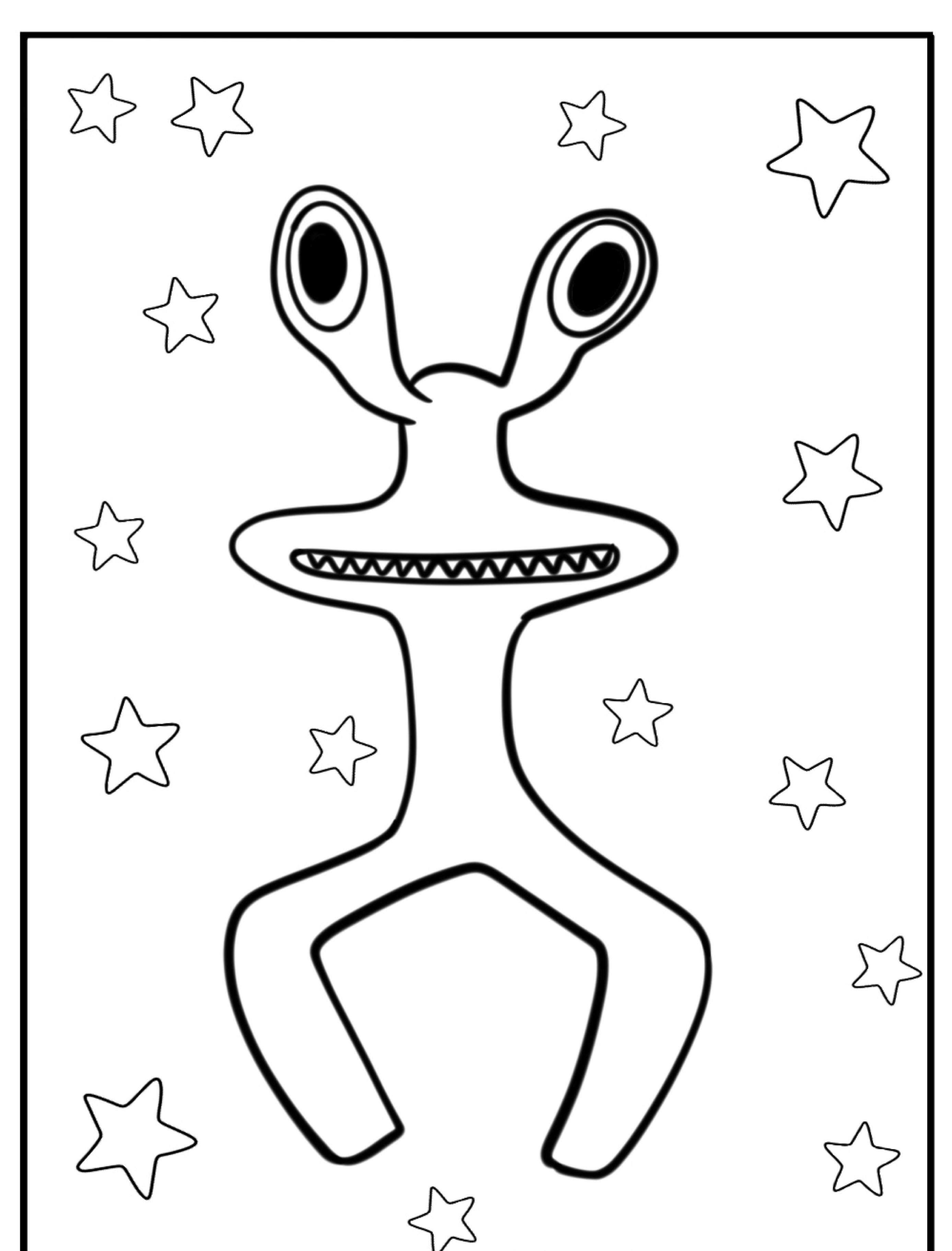 Um alienígena de desenho animado com olhos grandes e dentes afiados, cercado por estrelas, em uma página de colorir Rainbow Friends. Divirta-se colorir!