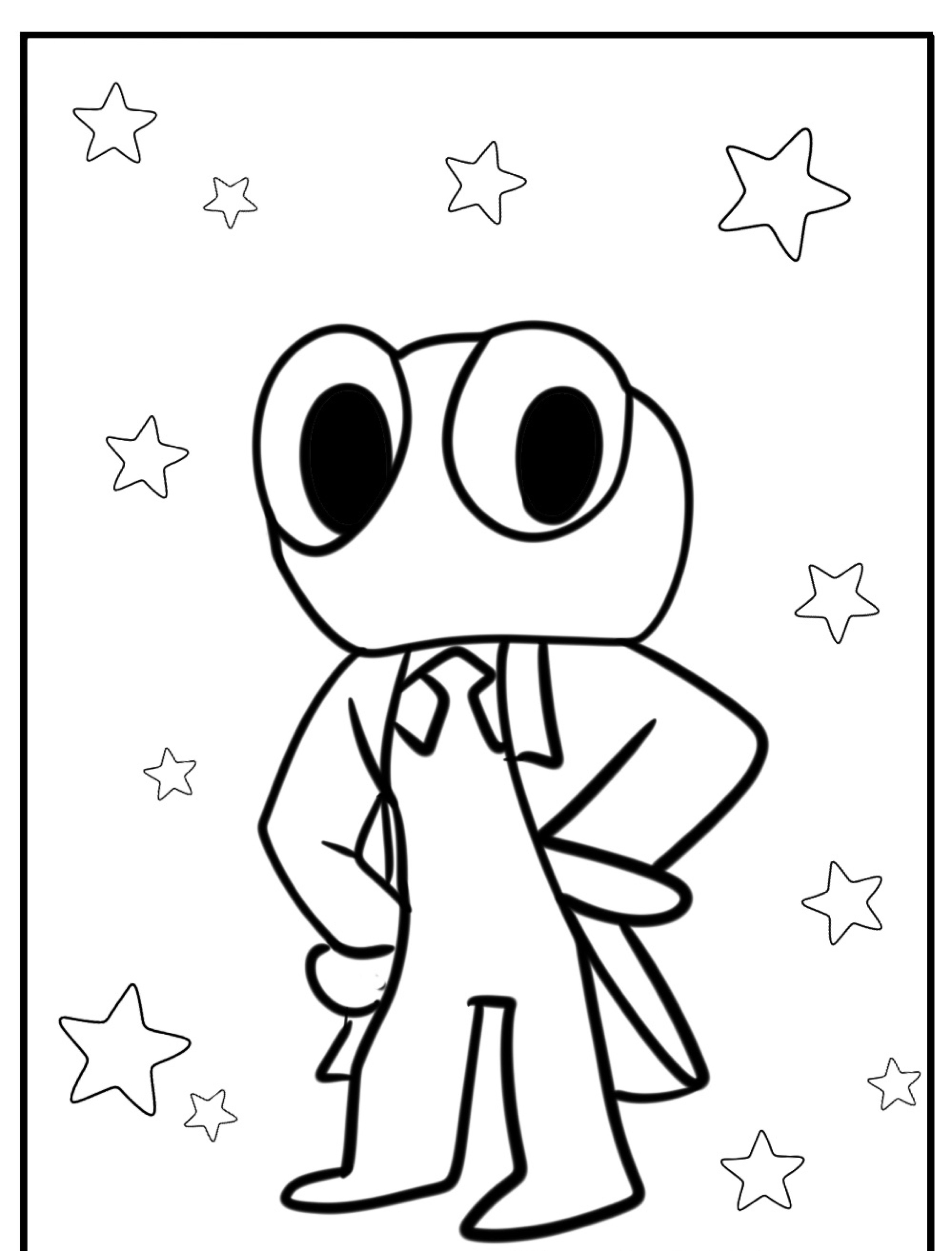 Um sapo de desenho animado está confiante com as mãos na cintura, cercado por estrelas em um fundo simples, perfeito para para colorir.