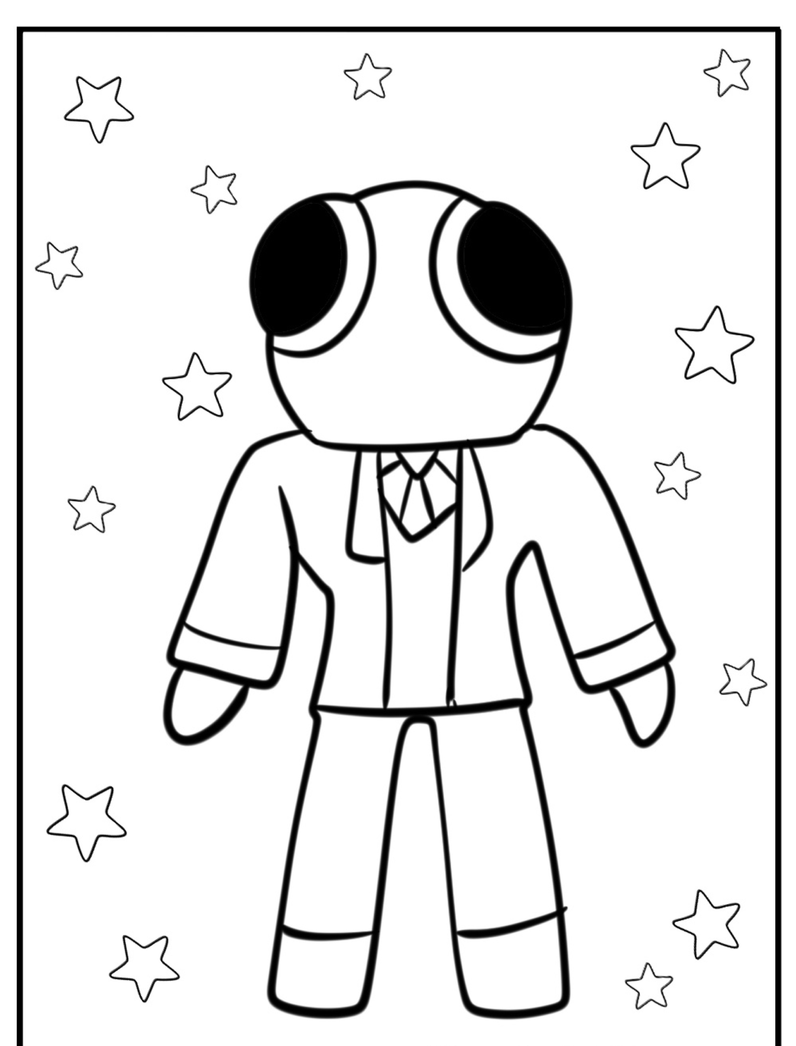 Sapo de desenho animado com olhos grandes, vestindo terno e gravata, em pé no meio de estrelas em uma página do livro de colorir Rainbow Friends.