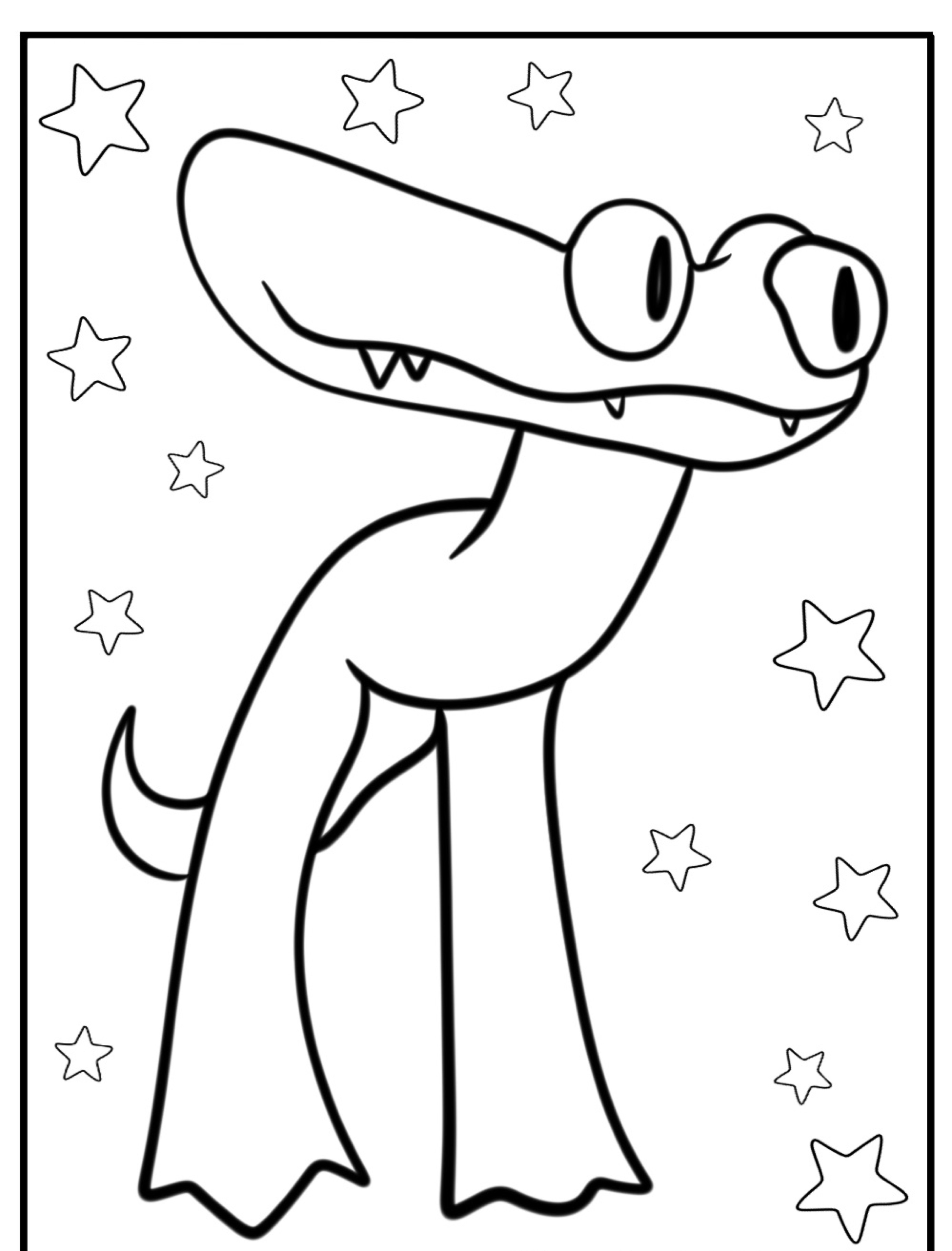 Desenho de um dinossauro de desenho animado com pernas longas e olhos grandes, cercado por estrelas, perfeito para colorir.