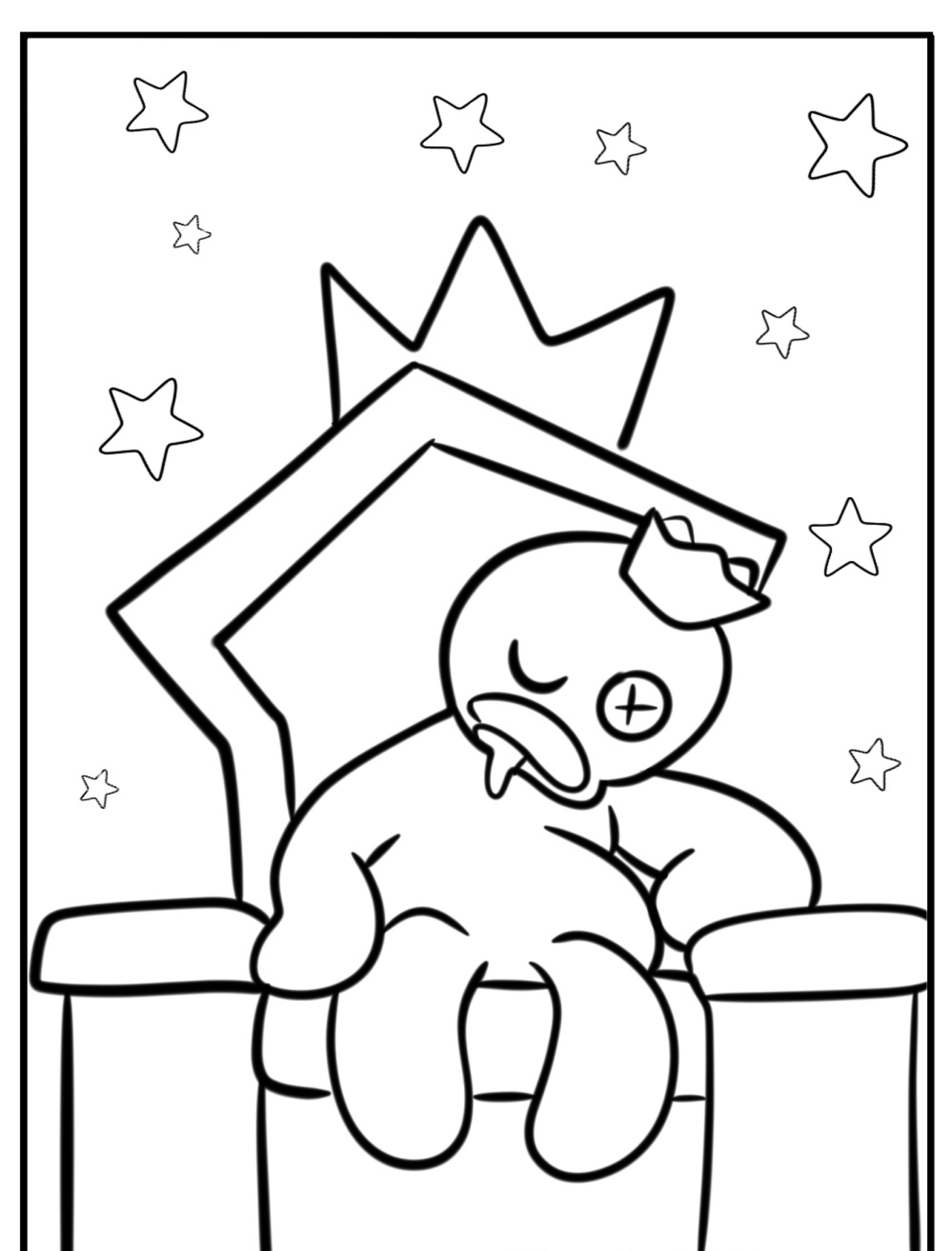 Um personagem de desenho animado com uma coroa senta-se sonolento em um trono, cercado por estrelas ao fundo, perfeito para colorir. Rainbow Friends dançam alegremente ao redor, adicionando um toque de cor e diversão.