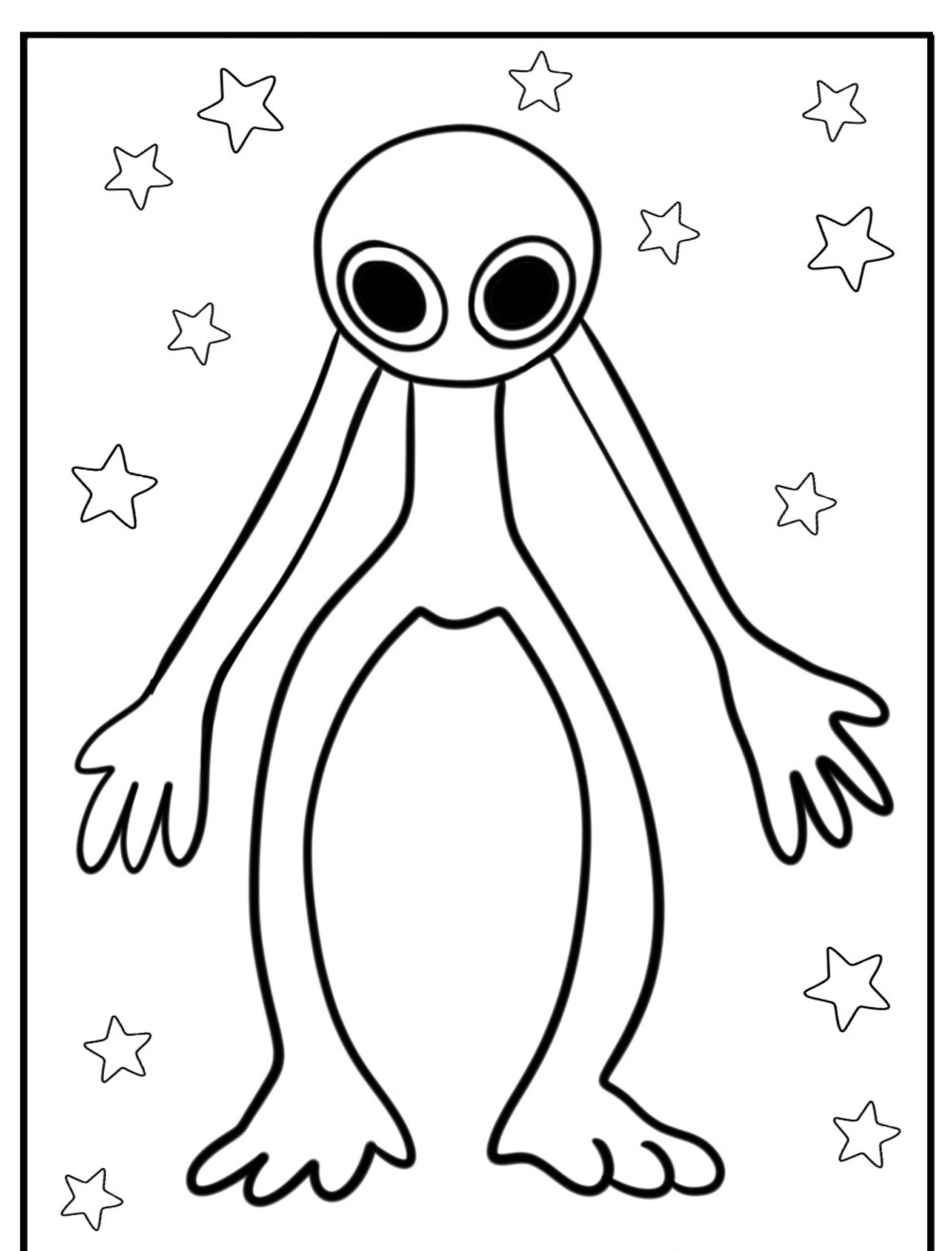 Um desenho simples de um alienígena de braços longos e olhos grandes com estrelas ao fundo, perfeito para os fãs de Rainbow Friends colorirem.