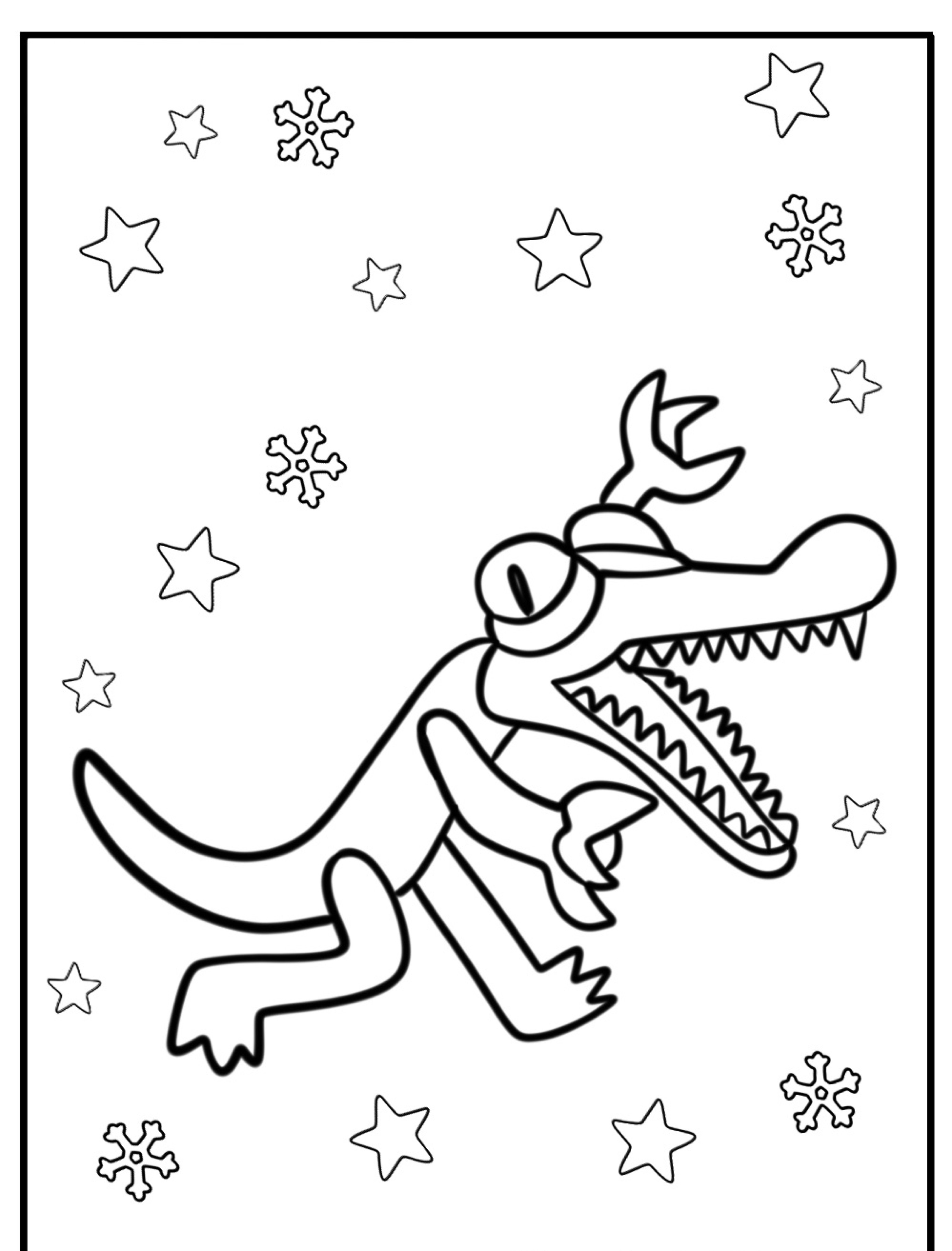 Um dinossauro de desenho animado com chifres e dentes afiados, cercado por estrelas e flocos de neve, parece uma adição fantástica à coleção Rainbow Friends.