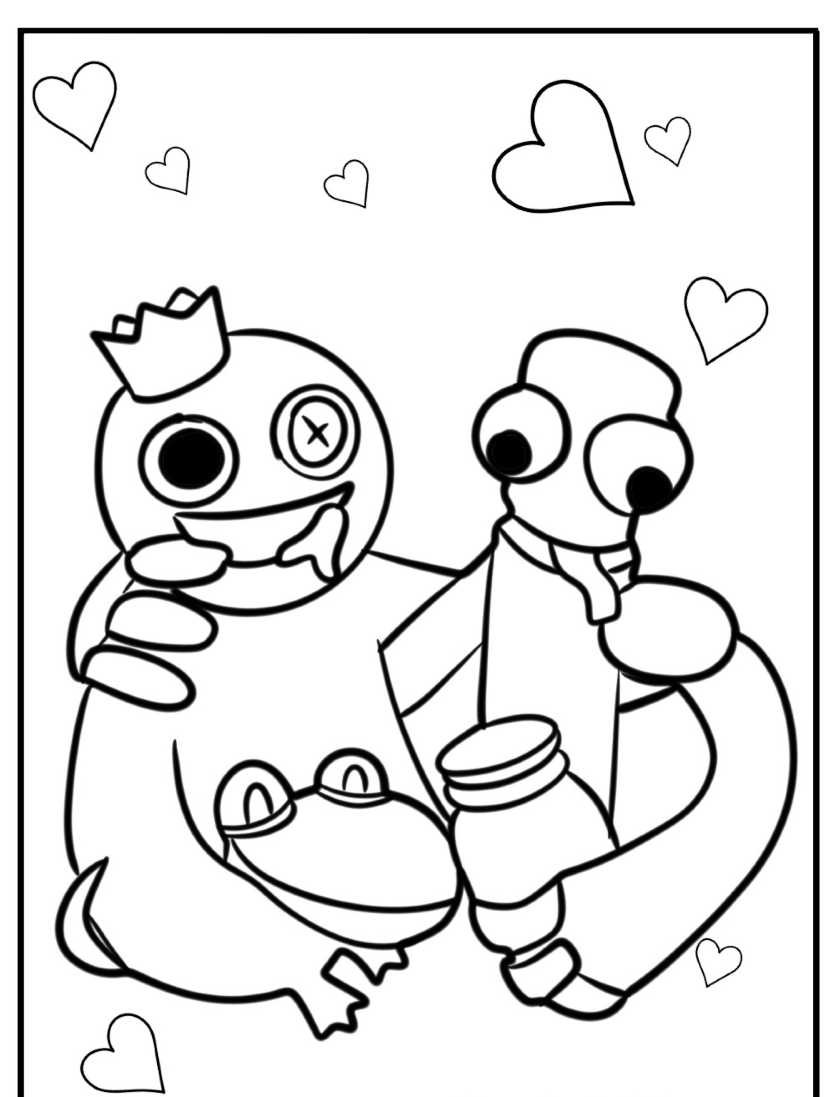 Dois personagens de desenho animado brincalhões, que lembram Rainbow Friends, compartilham lanches cercados por corações. Um tem uma coroa e um X-eye, enquanto o outro tem olhos grandes, tornando a cena perfeita para colorir.