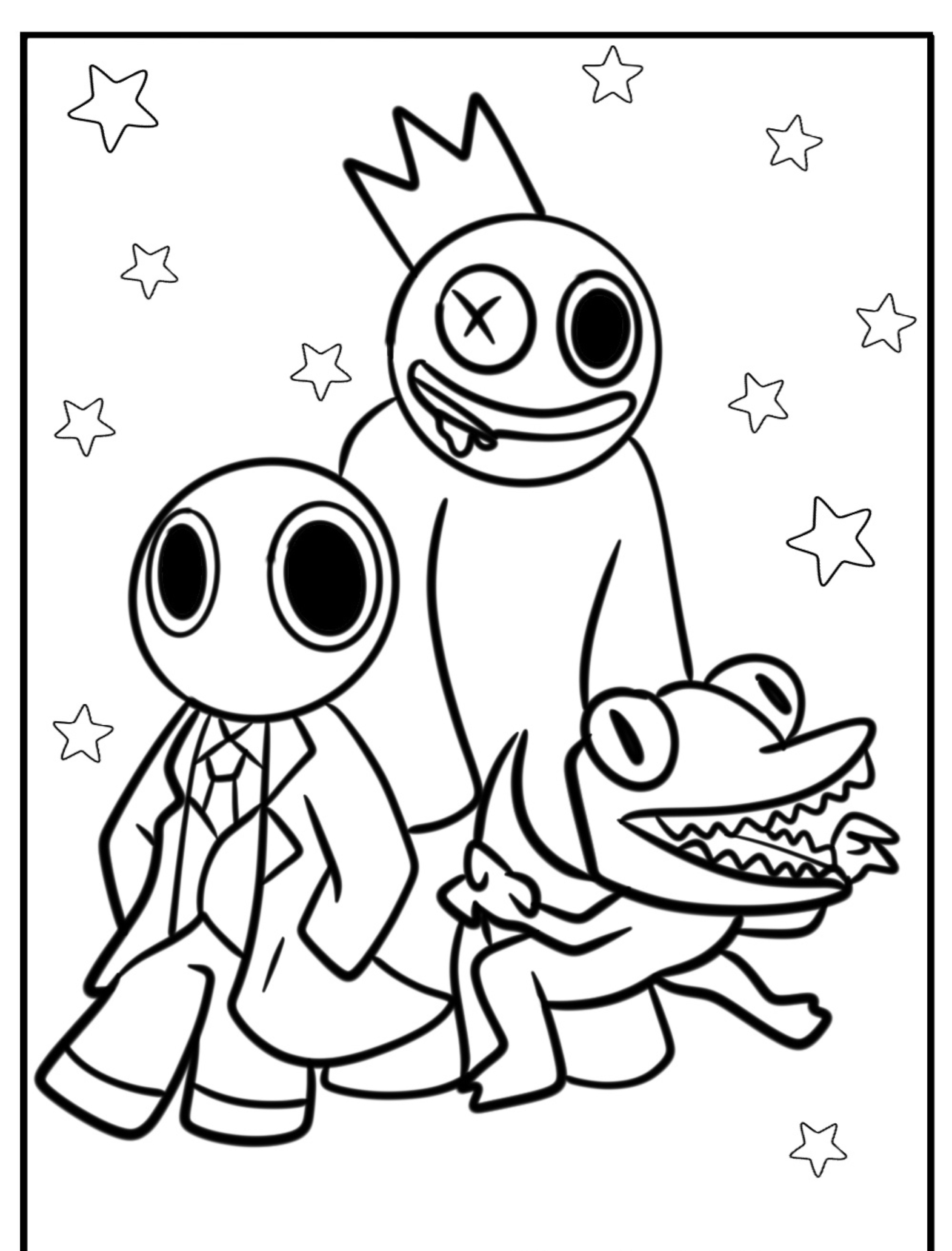 Três personagens de desenho animado em ternos, uma coroa e uma fantasia de lagarto posam juntos com estrelas ao fundo, perfeitos para Rainbow Friends para colorir.