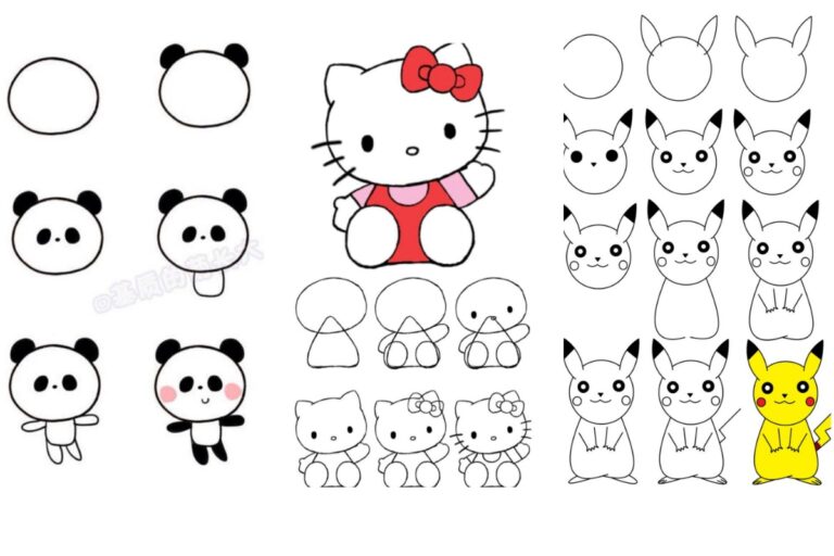 Tutoriais de desenho passo a passo para um panda, Hello Kitty e Pikachu, ilustrando como criar cada personagem com desenhos fáceis passo a passo.