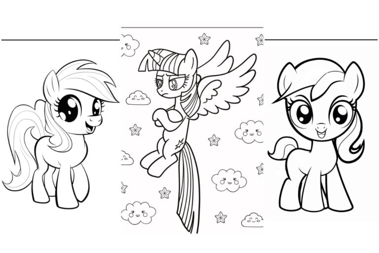 Três pôneis de desenho animado delineados com nuvens no fundo, cada um com expressões e poses únicas. Perfeito para fãs de Desenhos My Little Pony, essas imagens são grátis para colorir e imprimir.