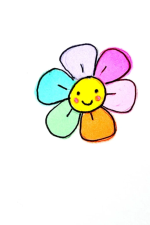 Um desenho simples de uma flor sorridente com seis pétalas coloridas em azul, verde, amarelo, laranja, rosa e roxo sobre um fundo branco. Para Desenhar