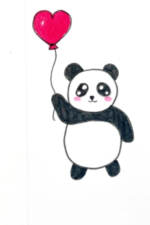 Um panda de desenho animado segurando um balão vermelho em forma de coração. O panda tem um design simples em preto e branco com bochechas rosadas. O fundo é branco liso. Para Desenhar