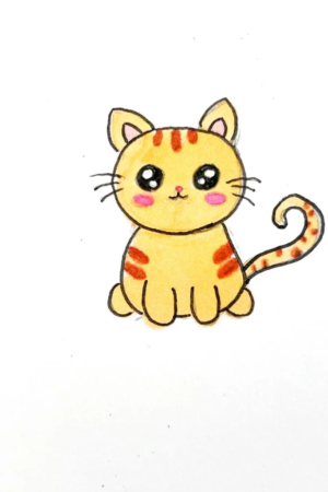 Uma ilustração simples e fofa de um gatinho laranja com listras, grandes olhos pretos, bochechas rosadas e um rabo enrolado, desenhado em um fundo branco. Para Desenhar