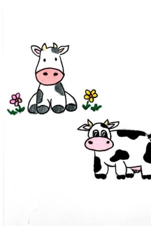 Imagem ilustrada de duas vacas com padrões simples em preto e branco; uma em pé e a outra sentada em meio a flores. Para Desenhar