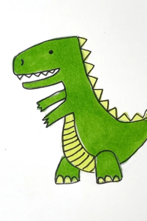 Um desenho simples de um dinossauro verde com braços curtos, uma fileira de espinhos amarelos ao longo das costas e uma barriga listrada de amarelo. O dinossauro tem um rosto sorridente e está de pé sobre duas pernas. Para Desenhar