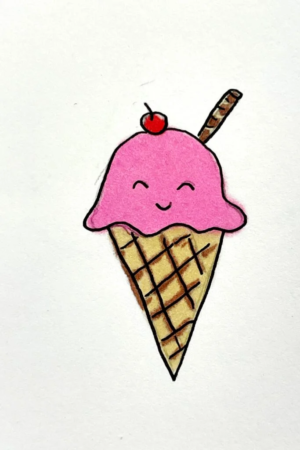 Para desenhar - Desenho de uma bola de sorvete rosa sorridente em um cone de waffle, coberto com uma cereja e um palito de wafer — fácil de amar e perfeito para quem gosta de desenhos fofos.