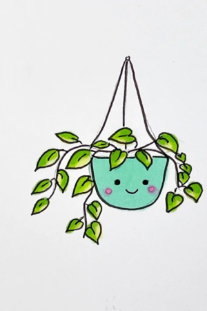 Para desenhar - Ilustração de uma planta pendurada em um vaso azul com um rosto sorridente, com folhas verdes penduradas. Este bonito desenho é perfeito para aqueles que amam desenhar fácil e querem adicionar charme à sua arte.