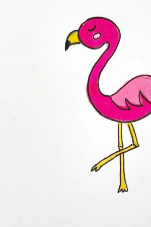 Para desenhar - Um desenho fácil e bonito mostra um flamingo rosa de olhos fechados, equilibrando-se em uma perna, com bico amarelo e ponta preta.