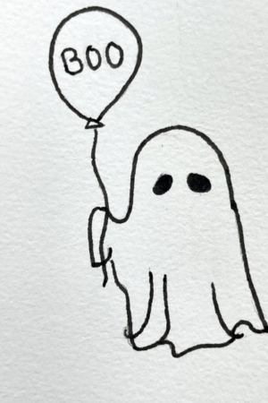 Para desenhar - Um desenho simples e fácil de um fantasma segurando um balão com a palavra "BOO" escrita nele.