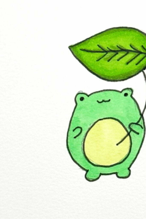 Para desenhar - Um sapo verde fofo de desenho animado está segurando uma grande folha verde acima de sua cabeça, parecendo usá-la como um guarda-chuva. O fundo é branco simples, tornando-o fácil e bonito de desenhar para aqueles que amam desenhos.