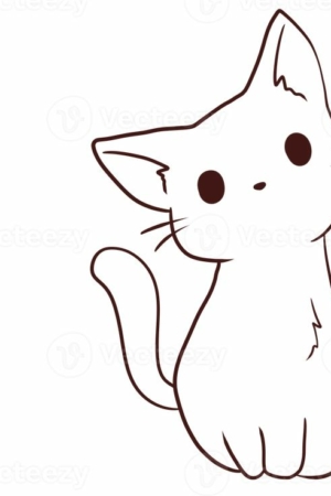 Para desenhar - Desenho simples de um gato sentado com a cabeça inclinada, com olhos grandes e uma cauda curvada contra um fundo branco simples. Ideal para desenho fácil, este bonito desenho captura o charme em cada traço.