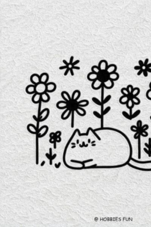 Para desenhar - Um desenho simples em preto e branco de um gato descansando entre flores altas e desabrochando com um fundo texturizado.