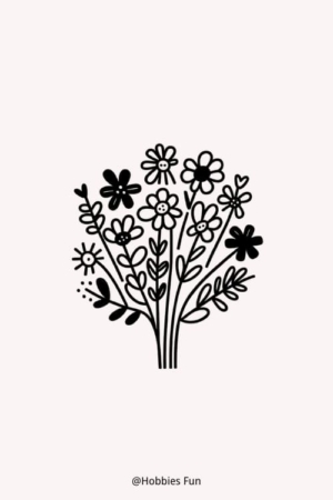 Para desenhar - Desenho em preto e branco de um buquê de flores com várias flores, folhas e caules, fácil e bonito para desenhar.