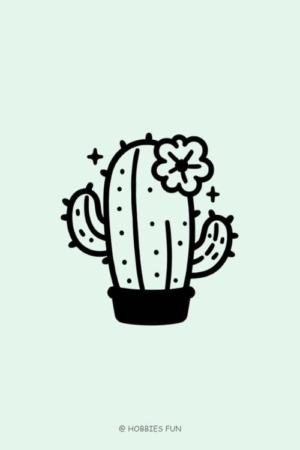 Para desenhar - Ilustração de um cacto com uma flor em um vaso sobre um fundo verde claro, ideal para quem busca desenhos fáceis de desenhar.