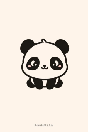 Para desenhar - Um panda fofo e rechonchudo de desenho animado, com olhos grandes e bochechas rosadas, sentado em um fundo liso – desenhar um personagem assim é fácil e bonito.