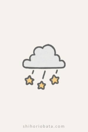 Desenho simples de uma nuvem com três gotas de chuva em formato de estrela caindo dela. URL do site na parte inferior diz "shihoriobata.com". Para Desenhar