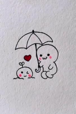 Para desenhar - Um rabisco fofo de um personagem segurando um guarda-chuva para um pequeno broto com um coração vermelho acima dele em um fundo simples, capturando a essência dos Desenhos Bonitos.