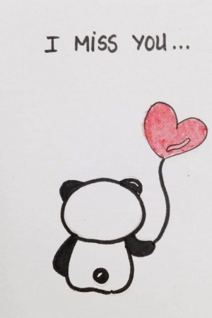 Para desenhar - Um desenho fácil de um panda segurando um balão vermelho em forma de coração, com o texto "I miss you..." acima.