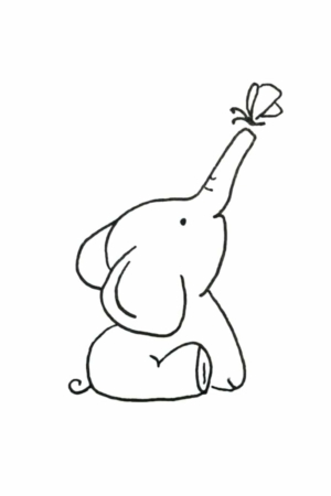 Para desenhar - Um desenho simples de um elefante bebê sentado com sua tromba estendida para cima em direção a uma borboleta, criando uma cena de bonito. Técnicas de Desenhar fácil dão vida a este desenho encantador.