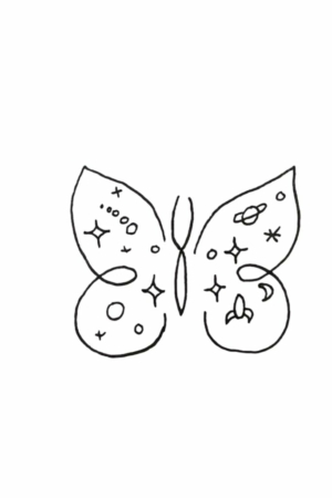 Para desenhar - Desenho simples de uma borboleta com elementos celestes como estrelas, planetas e luas em suas asas — fácil de desenhar para todos os níveis.