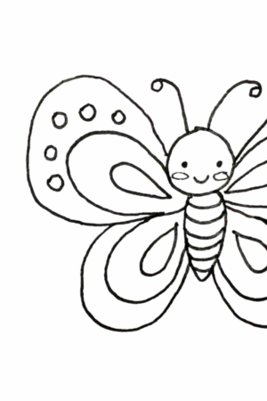 Para desenhar - Um desenho em preto e branco de uma borboleta sorridente com padrões simples de pontos e espirais em suas asas, esta obra de arte Desenhar Fácil é linda e fácil de recriar.