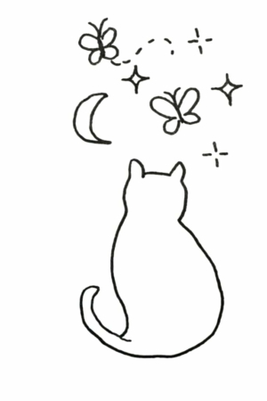 Para desenhar - Fácil desenho de um gato olhando para borboletas, estrelas e uma lua crescente no céu.