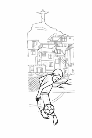 Para desenhar - Uma criança joga futebol em frente a um bairro na encosta, com a estátua do Cristo Redentor visível ao fundo. Sua imaginação flui enquanto eles criam desenhos na terra, adicionando um toque artístico ao jogo animado.