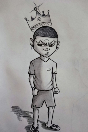 Para desenhar - Desenhar a criação: um desenho de um jovem menino com uma expressão zangada, veste uma camiseta, shorts e chinelos, com uma coroa flutuando acima de sua cabeça.