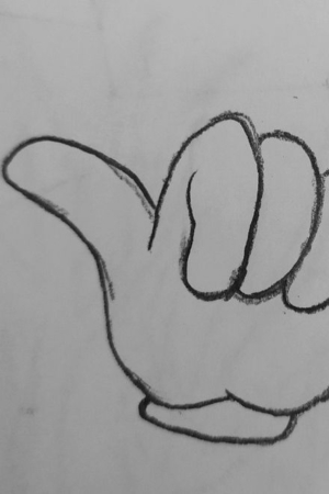 Para desenhar - Um desenho em preto e branco, perfeito para desenhar, de uma mão fazendo o gesto de "shaka" ou "sair solto" com o polegar e o dedo mínimo estendidos.