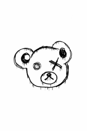 Para desenhar - Um esboço em preto e branco, ou "desenho", mostra uma cabeça de urso com um olho riscado e o outro olho representado como uma espiral. Linhas escorrem de suas feições, criando uma imagem assustadora, mas cativante.