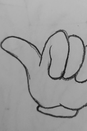 Para desenhar - Um desenho a lápis mostrando o sinal "shaka", com o polegar e o dedo mindinho estendidos e os três dedos médios curvados para dentro. Esta peça exemplifica como desenhar gestos intrincados lindamente.