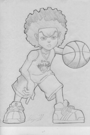 Para desenhar - Desenho de uma criança com cabelo afro, segurando uma bola de basquete, usando uma camisa com "BALLA HOLIC" escrita, shorts e tênis grandes.