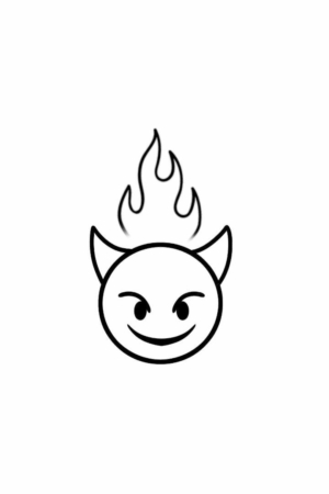 Para desenhar - Desenho simples em preto e branco de um emoji com chifres de diabo e uma chama sobre a cabeça, sorrindo maliciosamente. Crie desenhos únicos e divertidos como este para adicionar um toque de travessura ao seu dia.