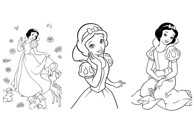 Três ilustrações em preto e branco de Desenhos da Branca de Neve com animais, posando com uma mão no rosto e sentada com um sorriso gentil. Perfeito para colorir e imprimir grátis!