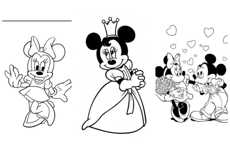 Três Desenhos da Minnie em preto e branco: acenando, em um vestido de princesa, e com Mickey Mouse segurando flores. Perfeito para colorir e imprimir grátis.