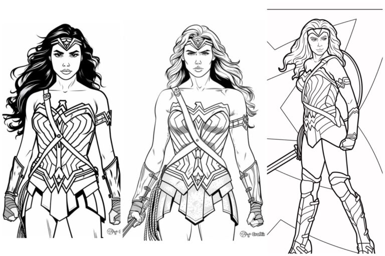 Três desenhos em preto e branco de uma super-heroína, Mulher Maravilha, em diferentes poses de ação e roupas. Perfeito para quem ama colorir e dar vida à sua própria criatividade.