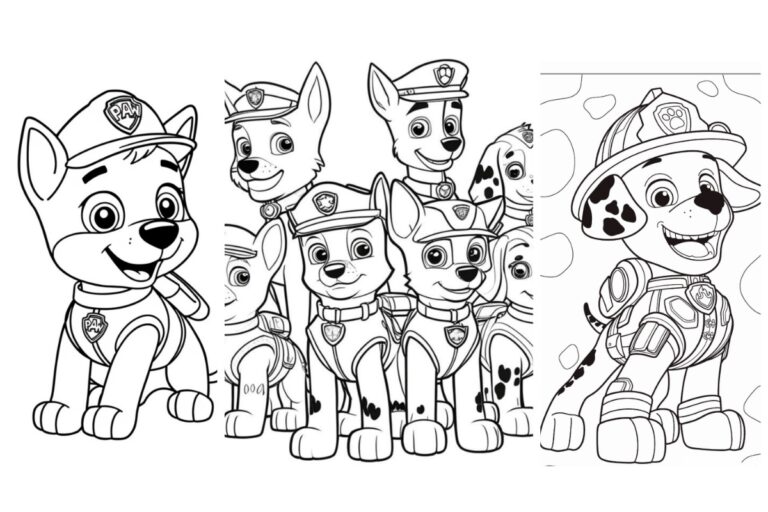 Imagem em preto e branco de filhotes animados da Patrulha Canina, cada um usando chapéus e uniformes, de pé juntos. Perfeito para colorir ou imprimir grátis! Para colorir.