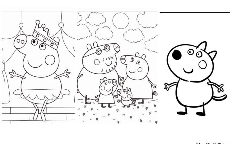 Três páginas para colorir da Peppa Pig para colorir e imprimir grátis: uma princesa, uma família (mãe, pai, Peppa, George) e um personagem alegre em pé.