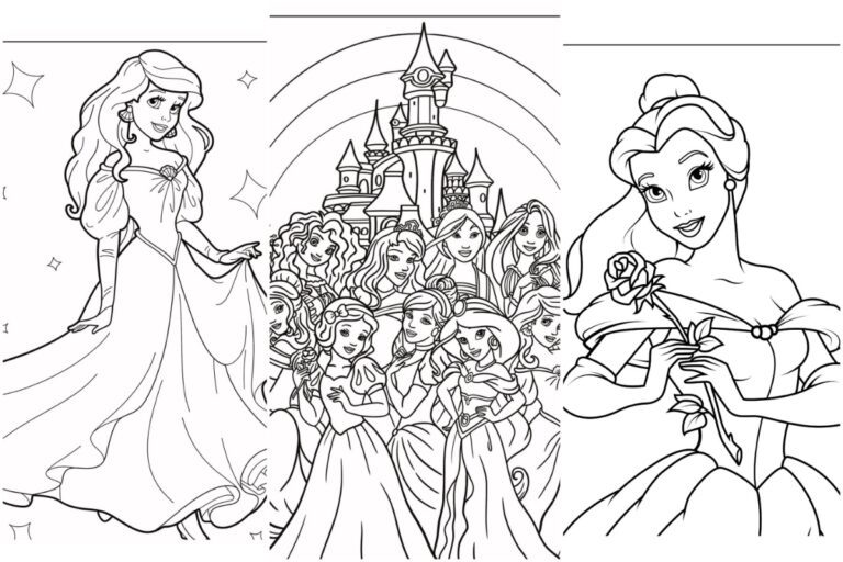 Desenho de princesas da Disney para colorir em vestidos, uma segurando uma rosa, todas em frente a um castelo.