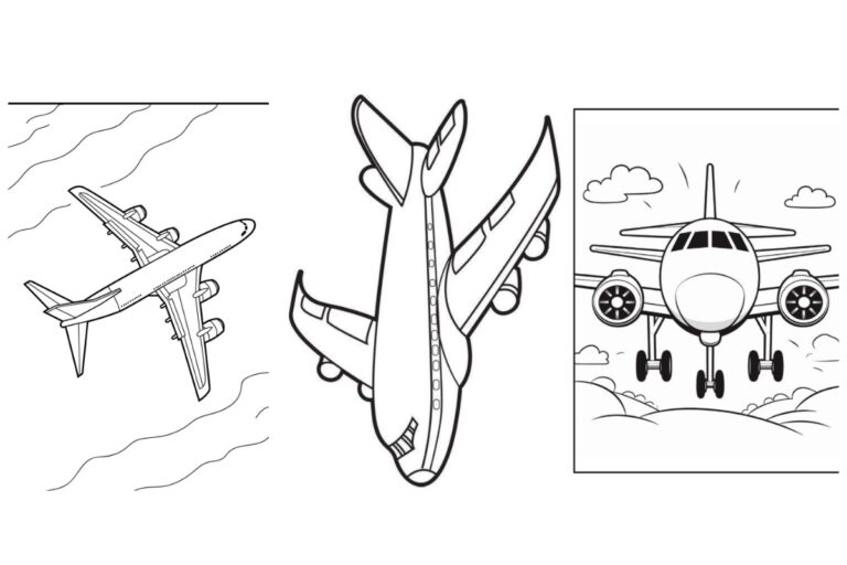 Três ilustrações em preto e branco de aviões voando em vários ângulos e posições contra o céu, Desenhos de Avião perfeitos para Imprimir Grátis e Para Colorir.