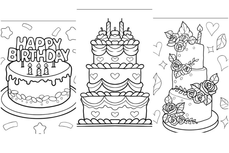 Três ilustrações de bolo de aniversário em preto e branco para colorir: uma com velas, uma em camadas com corações e uma decorada com rosas. Desenhos de bolo para imprimir grátis.