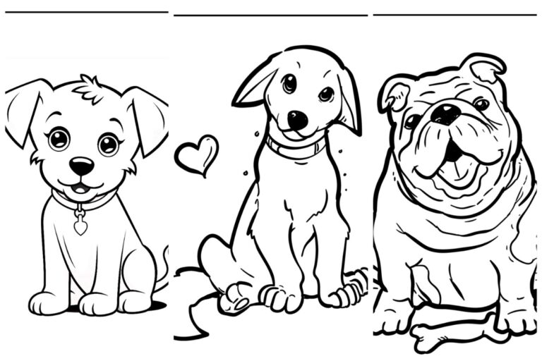 Três cães de desenho animado: um cão pequeno com uma placa de coração, um cão médio sentado com um osso e um buldogue grande com um osso — perfeitos como cachorro para colorir.