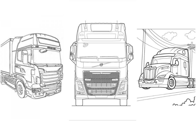 Desenhos de três caminhões: à esquerda e ao centro são vistas frontais, à direita é uma vista lateral perto de linhas de energia, para colorir e imprimir grátis.